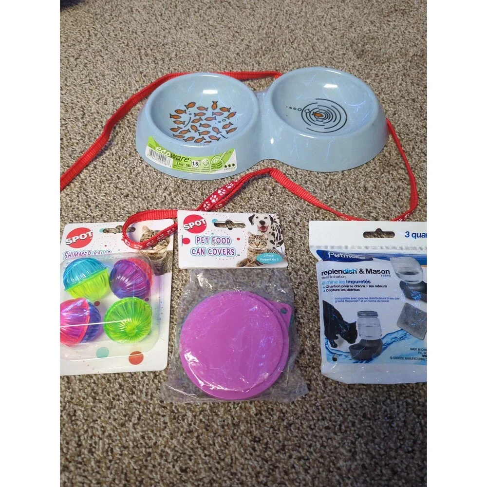 Lot of 5 Cat Supplies New or Like New - Dish, Collar, Leash, Ball Toys, Can Lids